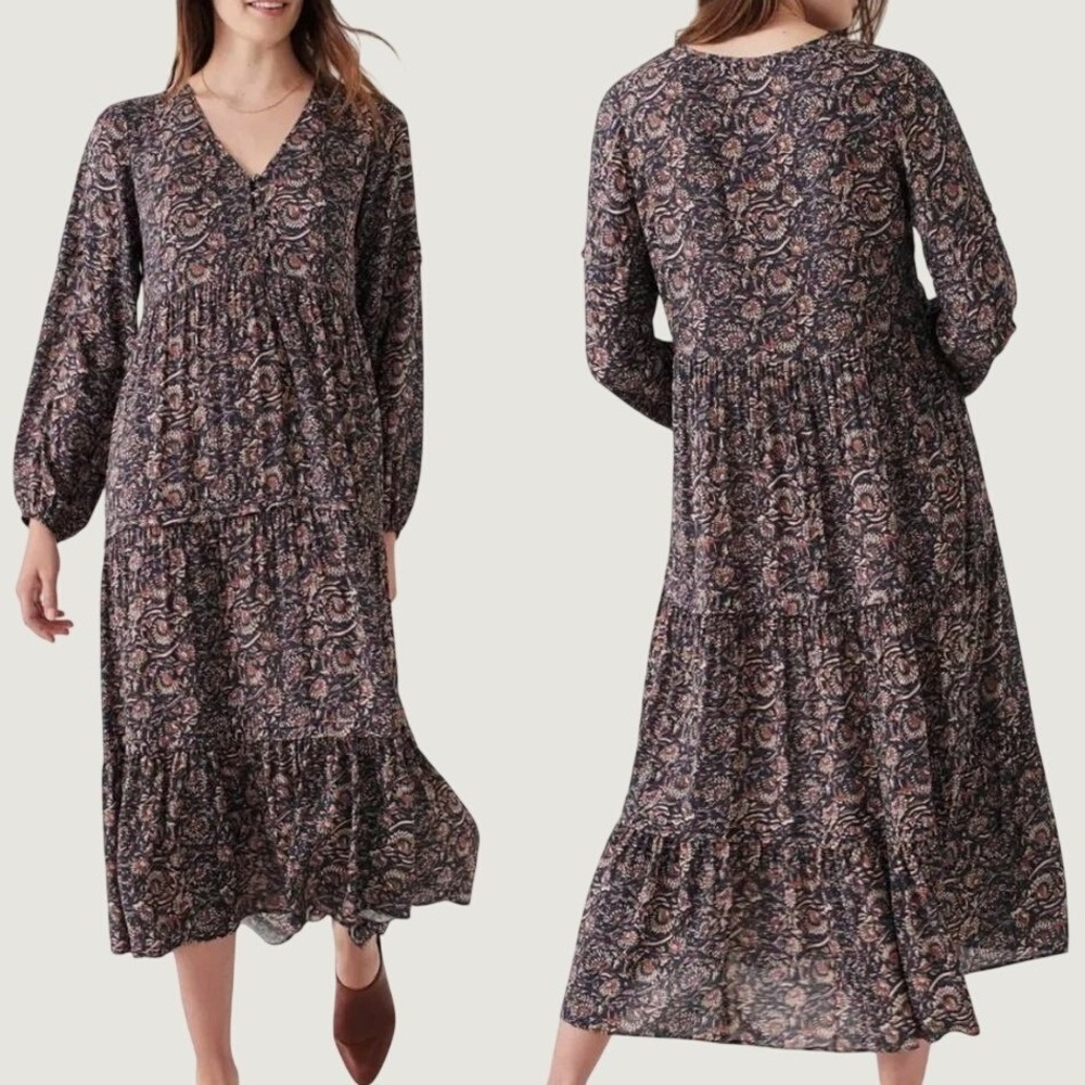Faherty Isabella Tiered Maxi Dress Medium Navy Paisley Floral Boho Long Sleeve